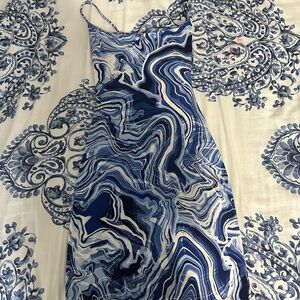 Swirly print blue and white dress